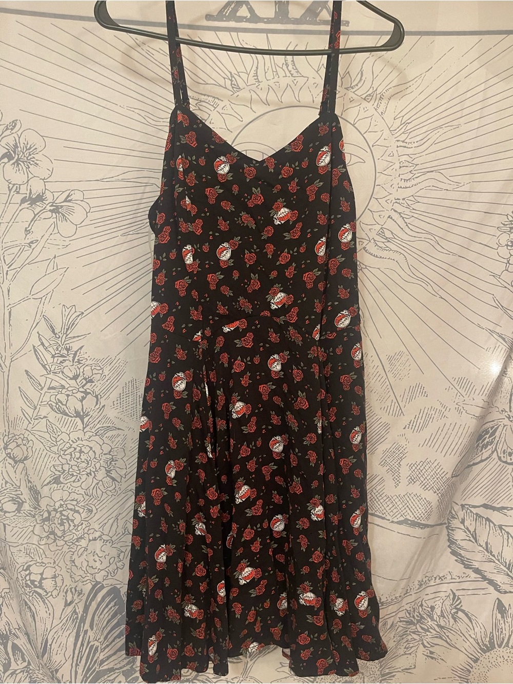 Junk Food Clothing Black Mini Dress with Red Rose Print